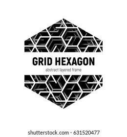 Abstract hexagon frame with layered lines grid and shadow