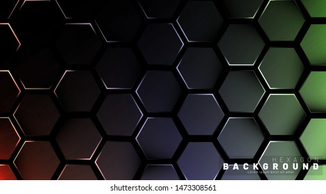 Abstract hexagon gradient colorful light pattern with a dark background technology style. Honeycomb. Vector illustration