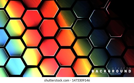 Abstract hexagon gradient colorful light pattern with a dark background technology style. Honeycomb. Vector illustration