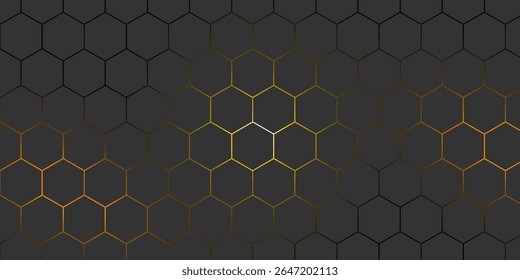 Abstract hexagon grid pattern with dark background and glowing gradient outlines in gold and orange tones. Modern geometric design perfect for technology,