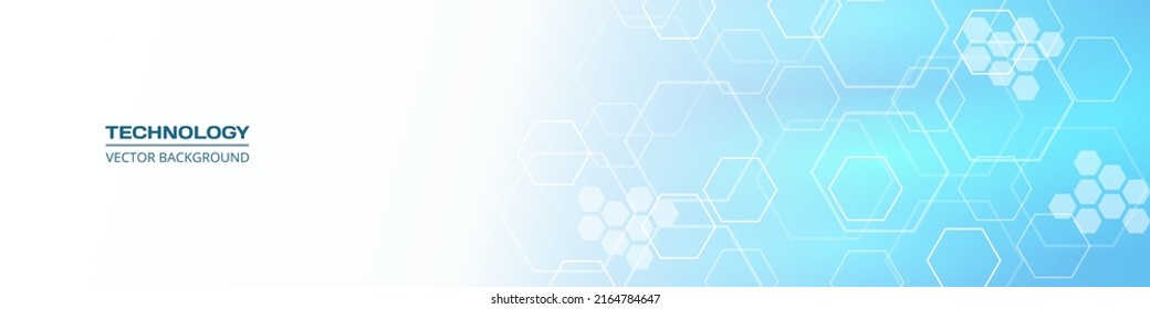 Abstract hexagon hi tech concept vector background. Digital technology hexagon white and blue background. Wide horizontal science medical banner. Vector illustration