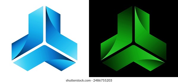 Abstract hexagon icon with gradient. Arrows to centre as dynamic logo. Triangles shape with swirl blue and green colors.