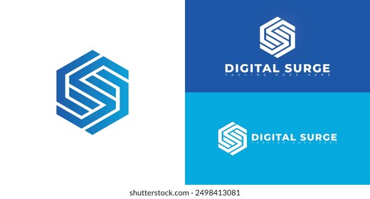 Abstract hexagon initial letter DS or SD in blue color isolated on multiple background colors. The logo is suitable for digital marketing agency logo design inspiration templates.