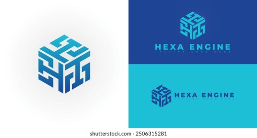 Abstract hexagon initial letter HE or EH in blue color isolated on multiple background colors. The logo is suitable for software company logo design inspiration templates.