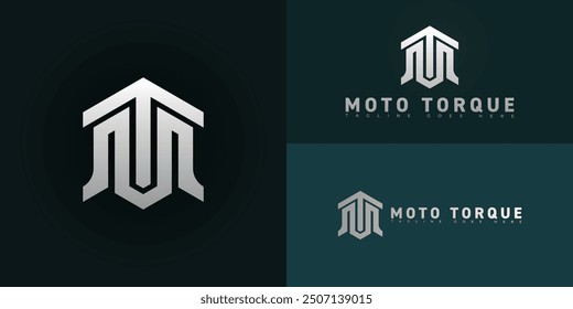 Abstract hexagon initial letter MT or TM in silver-white color isolated on multiple background colors. The logo is suitable for outdoor electric motorcycle logo design inspiration templates.