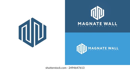 Abstract hexagon initial letter MW or WM in blue color isolated on multiple background colors. The logo is suitable for Construction Company logo design inspiration templates.