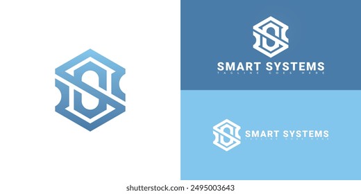 Abstract hexagon initial letter S or SS in blue color isolated on multiple background colors. The logo is suitable for home appliances technology logo design inspiration templates.