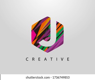 Abstract Hexagon J Letter Logo. Initial J With Creative Colorful Strips 