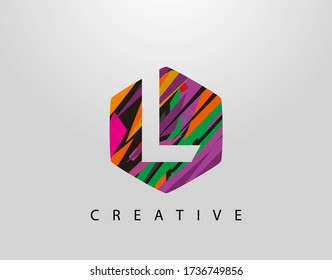 Resumen del logotipo de la letra L del hexágono. L inicial con tiras de colores creativos 