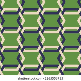 Abstract Hexagon Lines Complex Retro Geometric Seamless Vector Pattern Trendy Fashion Colors Perfect for Interior Design or Fabric Print Green Navy Blue Ecru Tones