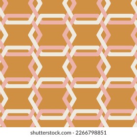 Abstract Hexagon Lines Complex Retro Geometric Seamless Vector Pattern Trendy Fashion Colors Perfect for Interior Design or Fabric Print Mustard Yellow Pastel Pink Tones