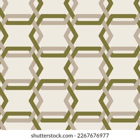 Abstract Hexagon Lines Complex Retro Geometric Seamless Vector Pattern Trendy Fashion Colors Perfect for Interior Design or Fabric Print Olive Green Beige Tones