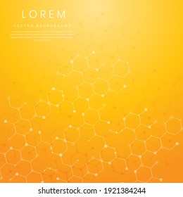 Abstract Hexagon Lines Pattern On Yellow Background. Medical And Science, Structure Molecule Dna Concept. Vector Illustration