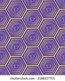 Abstract Hexagon Lines and Stars Geometric Seamless Pattern Stylish Interior Design Perfect for Wall Paper or Allover Fabric Print Electric Purple Tones