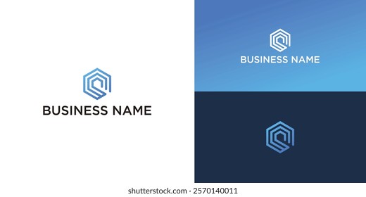 Abstract hexagon logo design with gradient blue color on white, blue, and dark blue background.