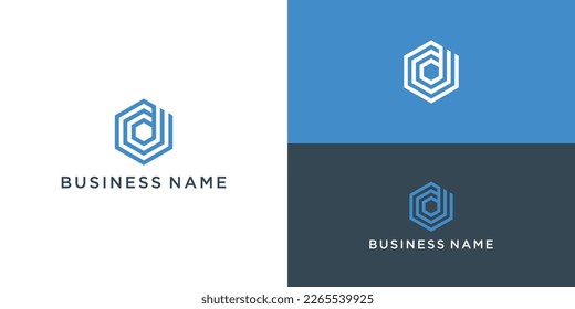 Abstract hexagon logo template with white, blue, and gray background, modern business branding design