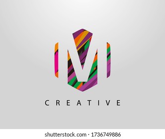 Abstract Hexagon M Letter Logo. Initial M With Creative Colorful Strips 