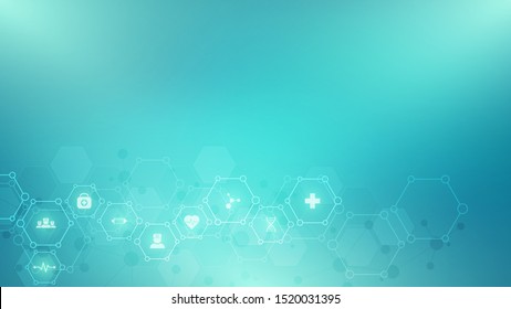 Abstract hexagon medical background with flat icons and symbols. Template design with concept and idea for healthcare technology, innovation medicine, health, science and research. Vector illustration