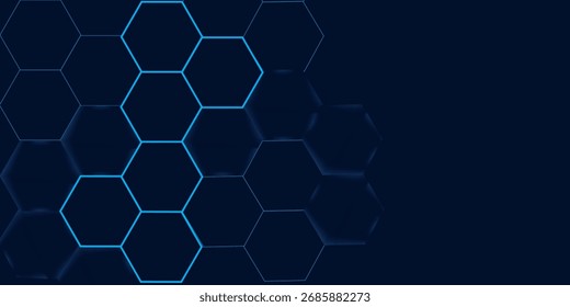 Abstract hexagon pattern background - futuristic sci fi honeycomb grid, glowing blue neon lines on dark. Geometric vector graphic design for digital interfaces, HUD displays and gaming backdrops.