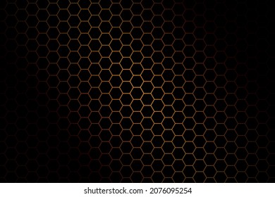 Abstract hexagon pattern dark background with gradient orange light lines. Vector illustration.