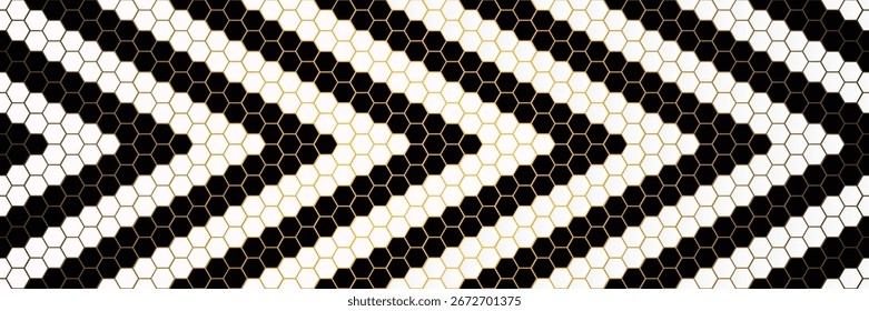 Padrão de hexágono abstrato, fundo de seta geométrica, textura Chevron preto e branco, projeto de telha hexágono dourado, padrão de favo de mel com setas