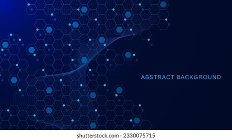 Abstract hexagon pattern with glowing particles and wave flow. Molecular sci fi scientific technology innovation background design. Vector illustration.