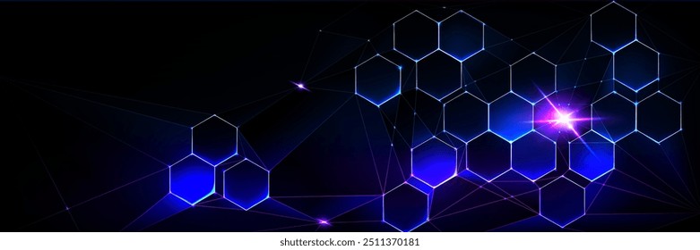 Abstractas patrón hexagonal sobre fondo negro. Vector ilustración realista de ciencia médica o tecnología de comunicación Plantilla de presentación, estructura química azul neón, sistema de transferencia de datos