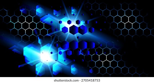 Abstractas patrón hexagonal sobre fondo negro. Vector ilustración realista de ciencia médica o tecnología de comunicación Plantilla de presentación, estructura química azul neón, sistema de transferencia de datos