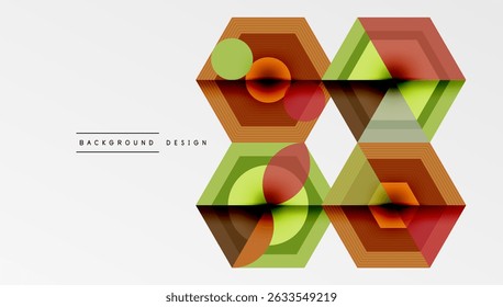 Abstract hexagon patterns overlap, creating vibrant geometric design. Colors include green, orange, red, brown tones. Minimalist style.