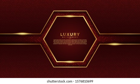 abstract hexagon red background with gold lines. dark redbackground. isolated on red dots with golden light.
