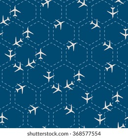 Abstract hexagon seamless pattern with airplanes. Vector illustration