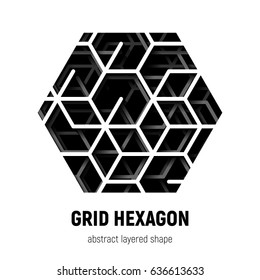 Abstract hexagon shape with layered lines grid and shadow