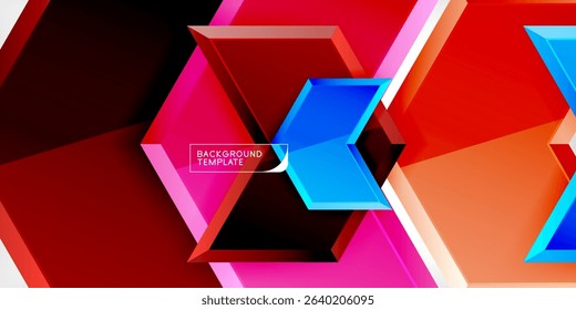 Abstract hexagon shapes, vibrant colors, dynamic composition. Modern design, gradient effects, black background creates contrast.