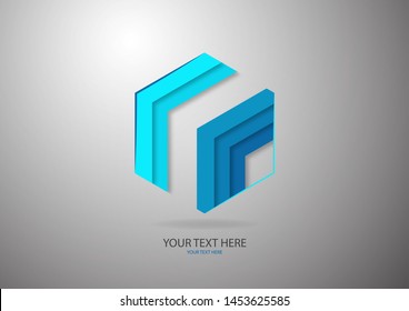 Abstract hexagon with stripes of different shades of blue. For logo design, advertising. Vector illustration for your design.