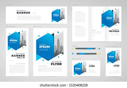 Abstract Hexagon Theme Set Flyer Cover, Tri-fold, Banner, Roll Up Banner, Business Card Blue Color