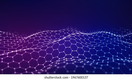 Abstract Hexagon Wave With Moving Dots And Lines. Flow Of Particles. Cyber Technology Illustration. Vector Illustration.