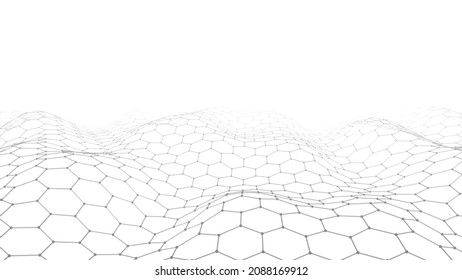Resumen de onda blanca hexagonal con puntos y líneas móviles. Flujo de partículas. Ilustración de la cibertecnología. Ilustración vectorial.