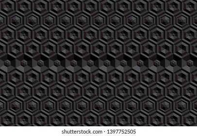 Abstract hexagonal 3d background. Illusion black colors with shadows. Geometry line pattern for surface design, fabric, wrapping paper. Modern abstract repeatable motif. Vector hexahedron light tiles.