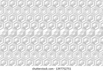 Abstract hexagonal 3d background. Illusion grey colors with shadows. Geometry line pattern for surface design, fabric, wrapping paper. Modern abstract repeatable motif. Vector hexahedron light tiles