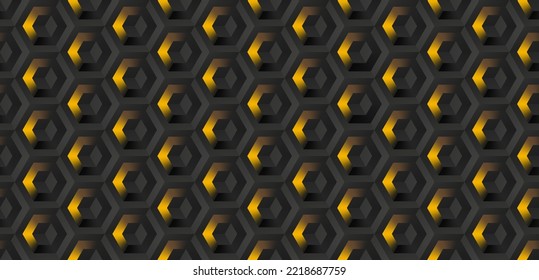 Abstract hexagonal background dark black and golden geometric grid seamless pattern