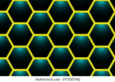 Abstract hexagonal background of dark green cells on a yellow backdrop.
