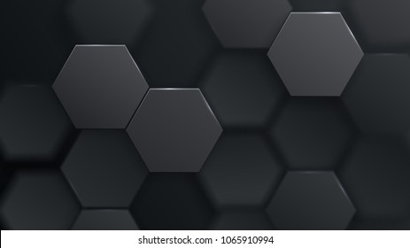 Abstract hexagonal background. Futuristic technology concept. 3d vector illustration. Hex geometry pattern. Carbon cells. Polygonal dark surface. Polished mosaic
