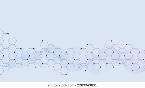 Abstract hexagonal background with particles and wave flow for medicine, chemistry, science and technology backdrop concept design. Vector illustration.