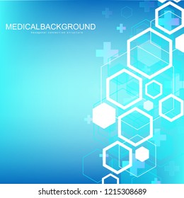 Abstract hexagonal background with waves. Hexagonal molecular structures. Futuristic technology background in science style. Graphic hex background for your design. Vector illustration.