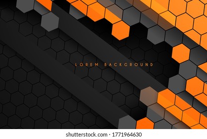 Resumen de fondo de tecnología hexagonal en color negro y naranja