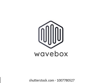 abstract hexagonal box cube with audio wave for business, apps, technology, or data logo icon. symbol template Vector illustration.