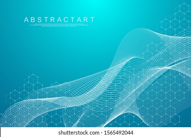 Abstract hexagonal boxes background. Molecular structure with hexagons lines and dots. Medical banner template design. Science and technology concept. Vector illustration.