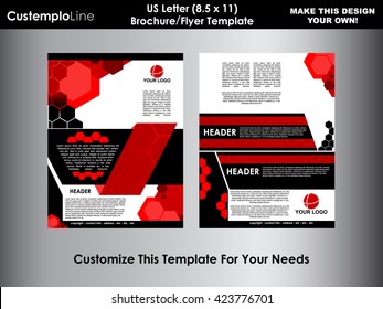 Abstract Hexagonal Brochure Flyer design vector template in US Letter size - Red and Black - Corporate Ad - Cover and Back - Honeycomb Pattern