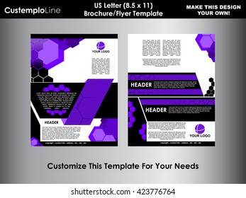 Abstract Hexagonal Brochure Flyer design vector template in US Letter size - Purple and Black, Corporate Ad - Cover and Back - Honeycomb Pattern