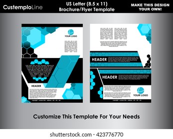 Abstract Hexagonal Brochure Flyer design vector template in US Letter size - Light Blue and Black - Corporate Ad - Cover and Back - Honeycomb Pattern